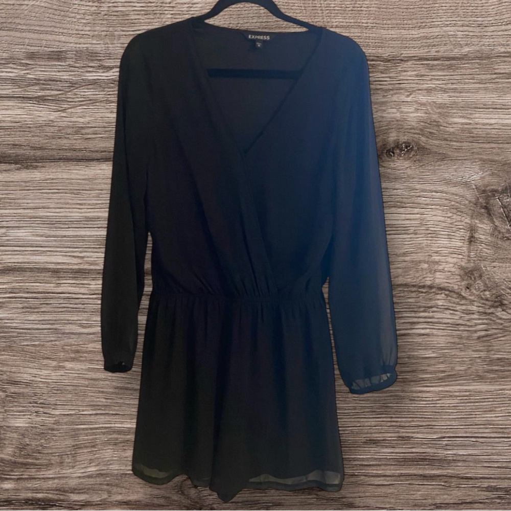 Express Black V-Neckline Elastic Waist Chiffon Romper w Sheer Long Cuff Sleeves - Picture 2 of 4